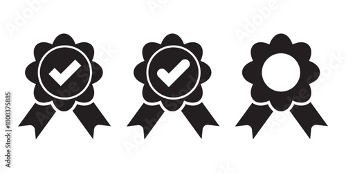 Set approval check icon isolated, approved or verified medal icon. certified badge symbol, quality sign – stock vector. Tick mark badge Icon. Black & white color mixed