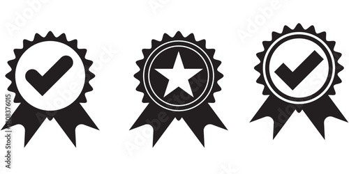 outline silhouette badge with ribbon icon set. Variety of certified and approved badge icons. A set of quality and verification symbols. Vector illustration isolated on white background. Star & Tick.