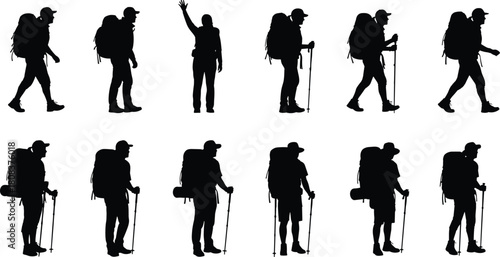 Trekking hikers and travelers silhouette set, diverse people walking with backpacks and poles, outdoor adventure tourism vector collection, isolated on white.