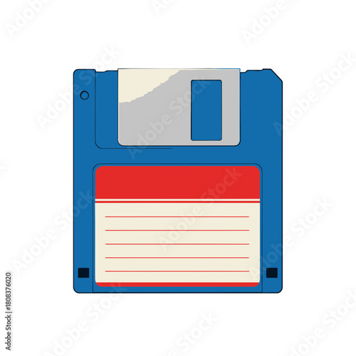 Blue 35 inch floppy disk with label area for data storage, a symbol of obsolete computer technology, isolated on
