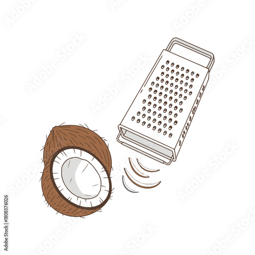 Line art illustration of grating a coconut with a handheld grater, showing shavings, isolated on