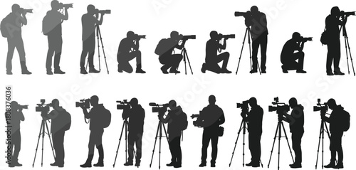 Professional photographers and videographers silhouette set, diverse camera operators with tripods and gear, media production crew vector collection, isolated on white.