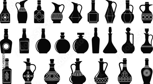 Alcoholic beverage bottle and pitcher silhouettes set, diverse wine decanter and drink container collection, decorative glass vessel vector icons, isolated on white.