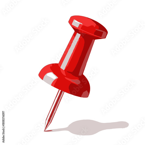 Shiny red push pin or thumbtack with sharp point and shadow detail, useful for notice board or map marking isolated on