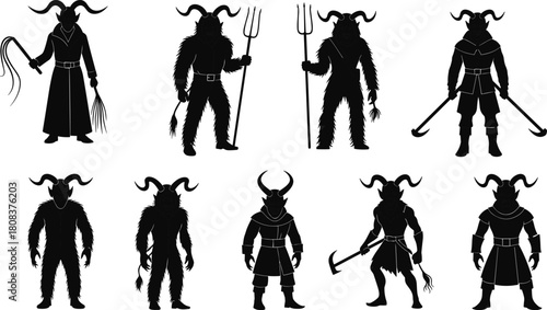 Krampus devil monster silhouette set, evil Christmas creature figures with horns and chains, for horror, folklore, and holiday themes.