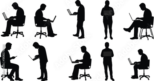 Silhouette people using laptop, working on computer, office workers, technology, digital workspace, business communication, freelance job, modern remote work concept