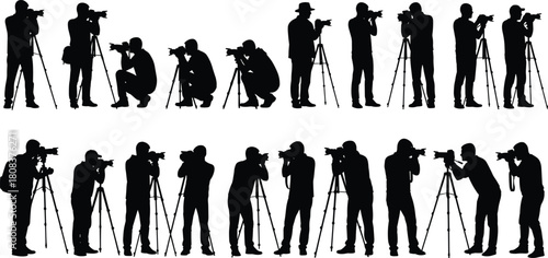 Professional photographer silhouette set, men standing and kneeling, using tripods and cameras for media, journalism, and creative photography.