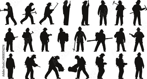 Firefighter silhouettes set, emergency rescue workers wearing protective gear, helmets, and holding tools for safety and fire protection.