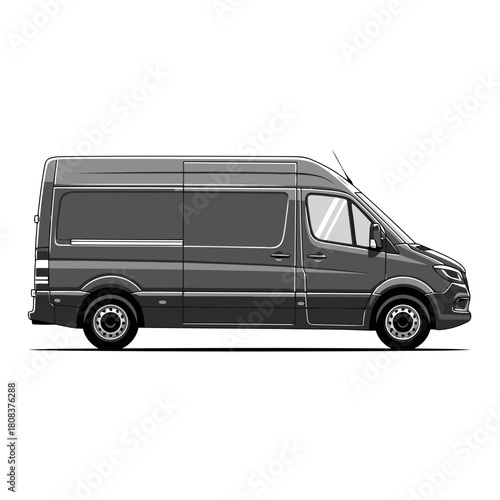 Side view of a modern high roof panel cargo van or minibus in dark gray color, perfect for delivery or transport service, isolated on