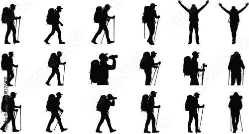 Large set of adventure hiker silhouettes, celebrating and walking with large backpacks, poles, and camera for outdoor travel and success.