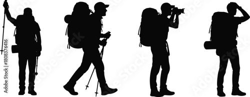 Backpacker hiker and photographer silhouette set, men walking and taking pictures with trekking poles for travel and adventure projects.