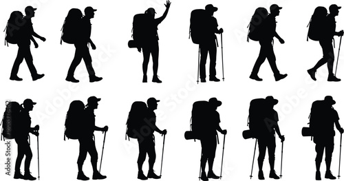 Large set of backpacking hiker silhouettes, men walking with huge packs and trekking poles for mountain climbing and outdoor adventure.