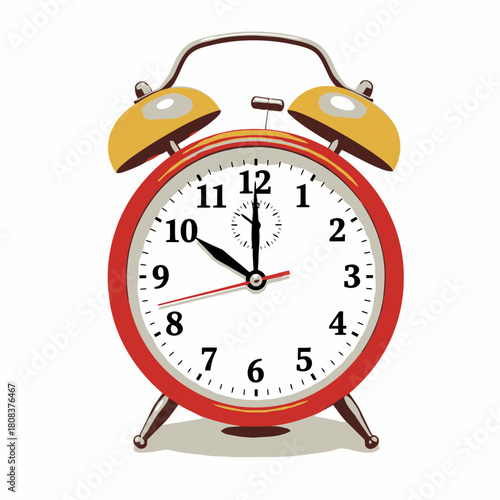 Classic red alarm clock with twin bells showing time near ten oclock, isolated on