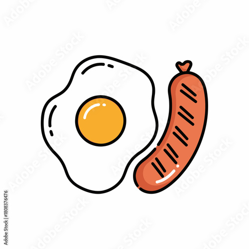 Simple icon of fried egg with sunny side up yolk next to a grilled sausage link, isolated on