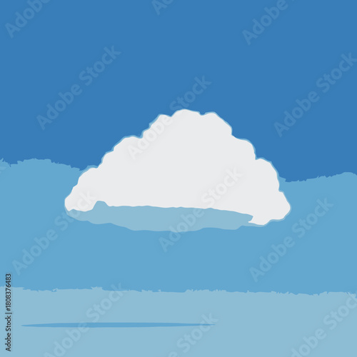 Simple illustration of a single white cumulus cloud floating in a clear blue sky with lighter blue horizon
