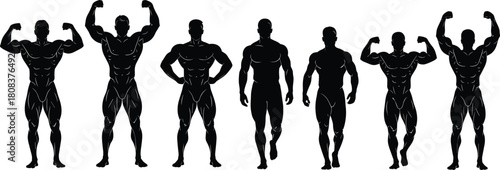 Bodybuilding male fitness silhouette set, muscular men showing strong physique and posing for workout, gym, and strength training.
