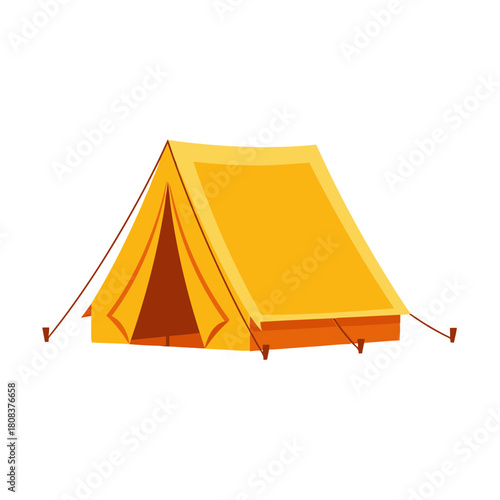 Classic yellow aframe camping tent pitched outdoors with guy ropes, isolated on