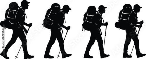 Backpacking hikers walking silhouette set, trekking tourists with large backpacks and hiking poles on an outdoor nature trail adventure.