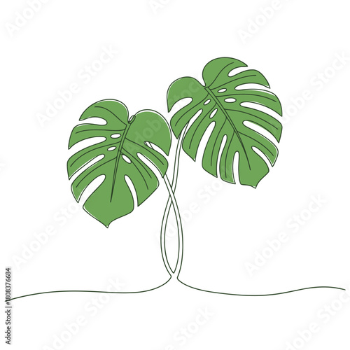 Minimalist line art illustration of two vibrant green monstera deliciosa leaves connected by a single continuous line, isolated on