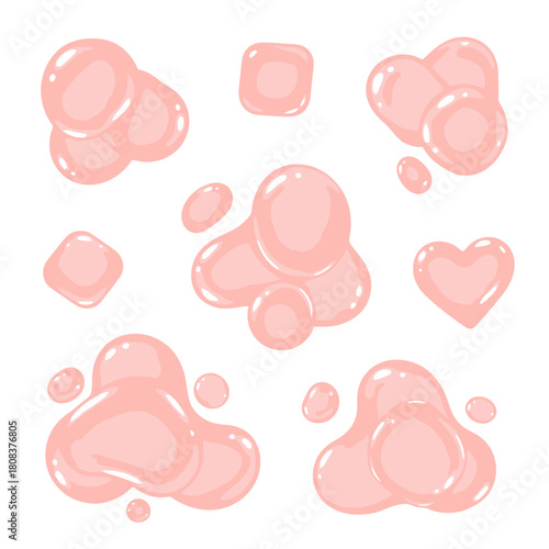 Collection of pink sticky bubble gum blobs and shapes, including a heart, suggesting sweetness and fun, isolated on