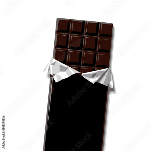 Dark chocolate bar partially unwrapped from silver foil, a delicious sweet confectionary treat isolated on
