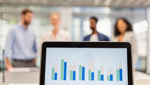 A blurred group of professionals stands behind a laptop displaying colorful bar graphs and charts, suggesting a business meeting or presentation.