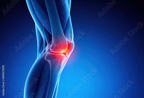 3d rendering of human knee with visible bones ligaments and muscles highlighted in red against a blue background medical illustration