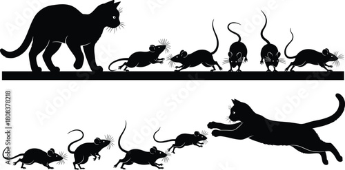 Silhouette vector illustration of black cat hunting and chasing running mice, predator catching prey, isolated on white background.