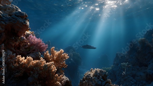 Fototapeta Naklejka Na Ścianę i Meble -  Underwater scene with a modern submarine cruising past vibrant coral reefs illuminated by dramatic sunbeams piercing the deep blue ocean
