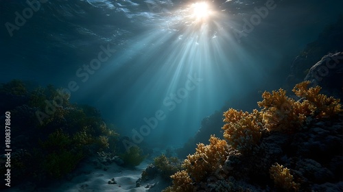 Fototapeta Naklejka Na Ścianę i Meble -  Sunbeams pierce the deep blue ocean illuminating a vibrant coral reef teeming with marine life