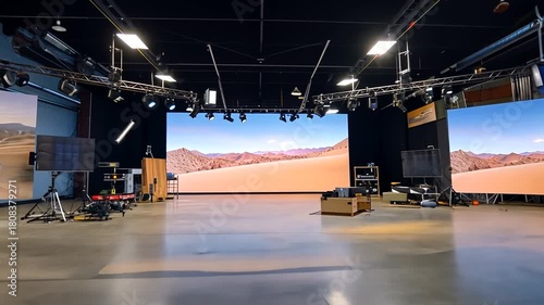 Automotive virtual production stage setup with digital desert backdrop and dynamic lighting rig