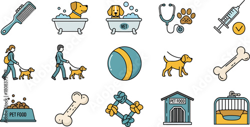 Collection of colorful flat icons representing dog care grooming bathing veterinary medicine and accessories like food bowls toys and carriers
