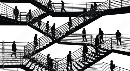 Silhouette vector illustration of busy people walking on crisscrossing architectural staircases, urban commuters climbing steps, black and white background.