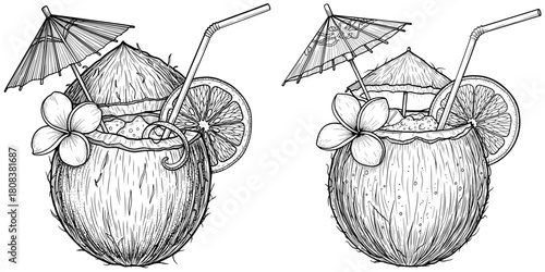 Two refreshing coconut cocktails with umbrellas and flowers, perfect for a tropical getaway isolated on