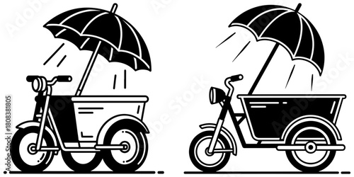 Two cargo bikes with umbrellas, offering a unique and practical solution for transportation in rainy weather isolated on
