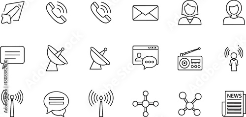 Collection of communication icons for digital and broadcast media, featuring satellite dishes, radio, news, and messaging symbols