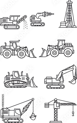 Collection of construction machinery vehicles and equipment line art icons set, heavy industrial machines such as excavators, cranes, bulldozers, and drilling rigs.