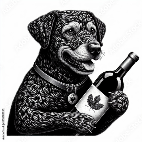 Dog with Wine: A charming illustration depicts a dog, holding a bottle of wine, radiating a sense of playful sophistication. Its expression captures the essence of refined enjoyment.
