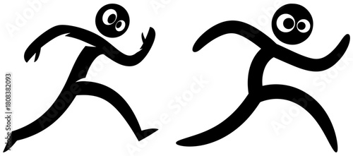 Two stick figures running, jogging, or racing isolated on