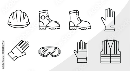 Collection of construction safety equipment icons including a hard hat, work boots, safety glasses, gloves, and a reflective vest, safety and protection symbols