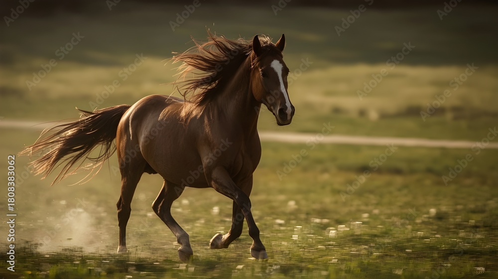 Obraz premium Dynamic Action Shot of a Horse Galloping at Sunset