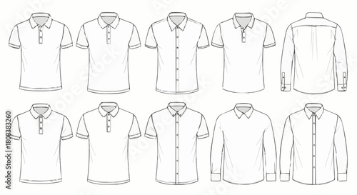 Collection of various shirt designs in line art style for fashion.