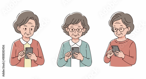 Three elderly women using smartphones, engaging with technology and staying connected.