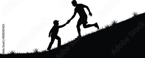 Silhouette vector of father helping son climb grassy hill, parent supporting child concept, isolated on white background.