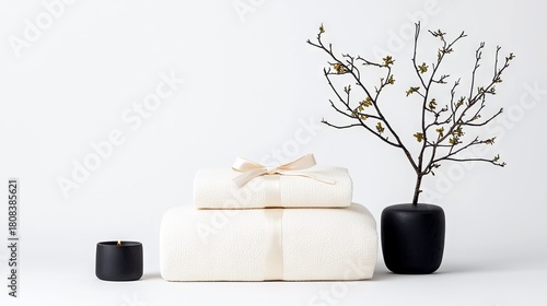 A minimalist arrangement featuring stacked cream-colored towels, a lit black candle, and a decorative bare branch in a black vase.