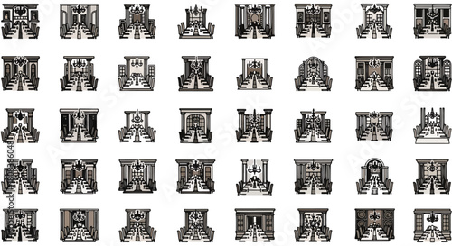 Collection of diverse dining room interior designs featuring long tables, chandeliers, and formal seating arrangements, classic and modern styles