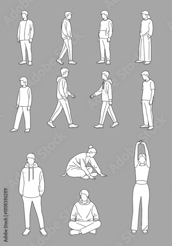 Collection of diverse male and female figures in various everyday poses and activities, presented as simple outline drawings on a neutral background.