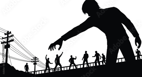 Silhouette vector of giant man reaching down to catch tiny people on bridge, surreal fantasy concept, isolated on white.