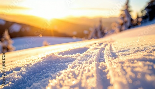 Ski tracks in fresh snow are illuminated by the warm glow of a setting sun over a snowy mountain landscape.