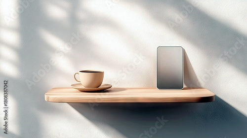 A simple wooden shelf displays a coffee cup and a modern rectangular device against a textured wall with dappled light.